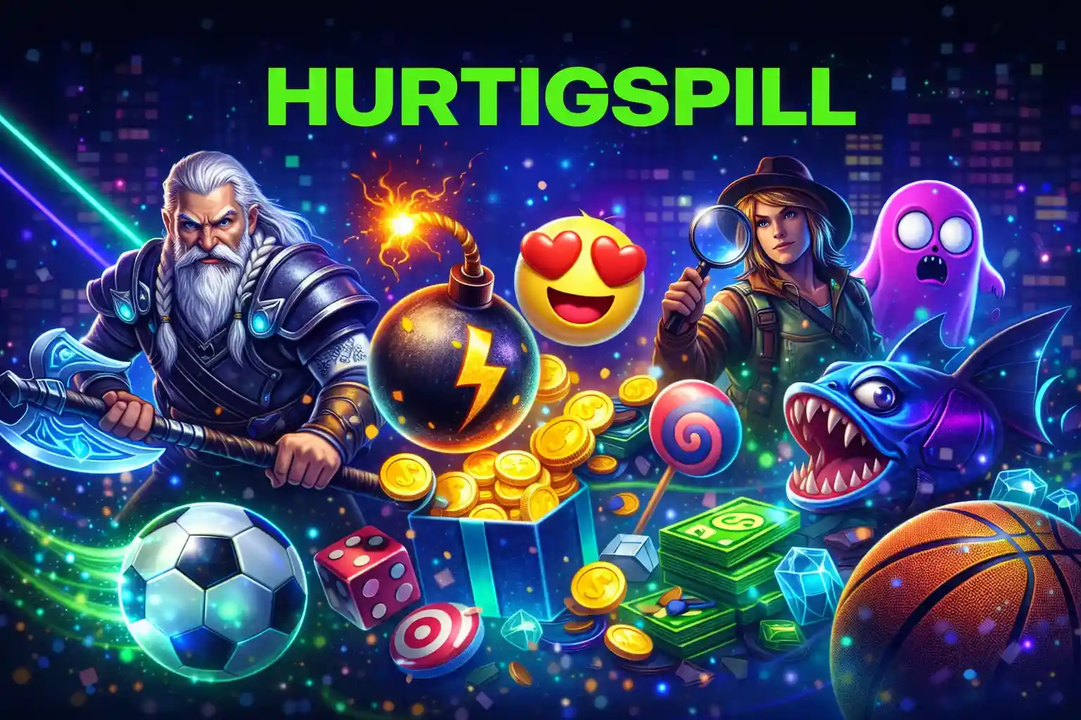 Illustrasjon av hurtigspill med bomber og sportselementer for rask underholdning på nett