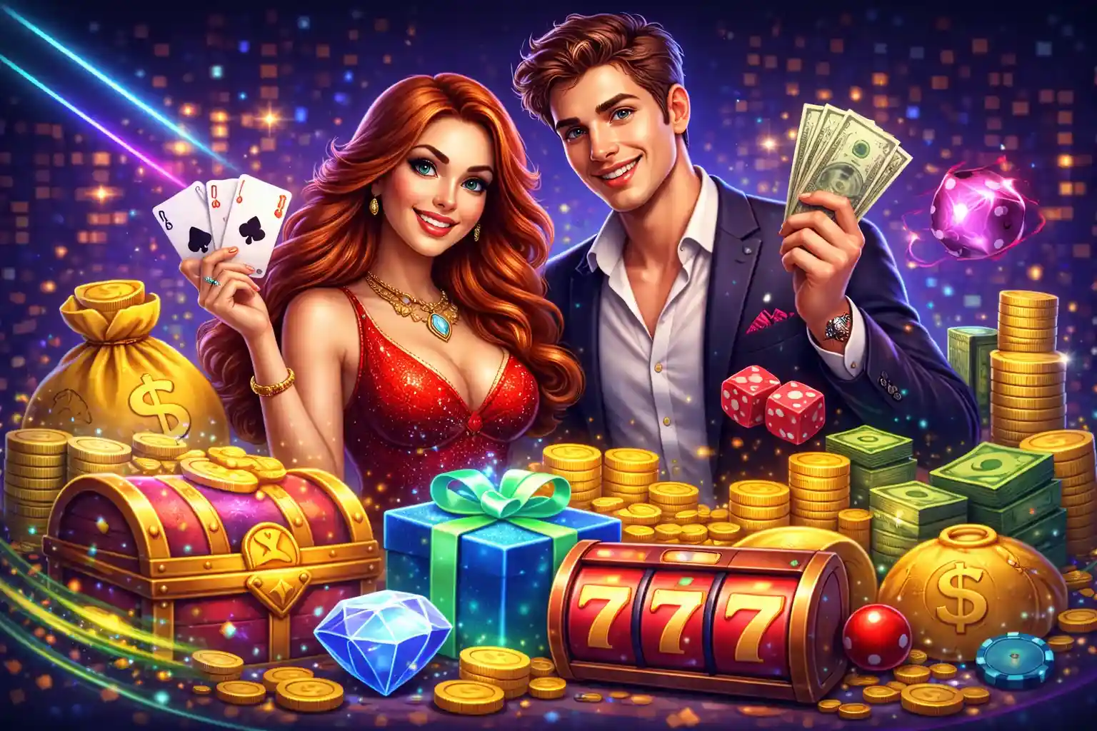 Et par som holder penger og kort med en skattekiste og spilleautomater i bakgrunnen